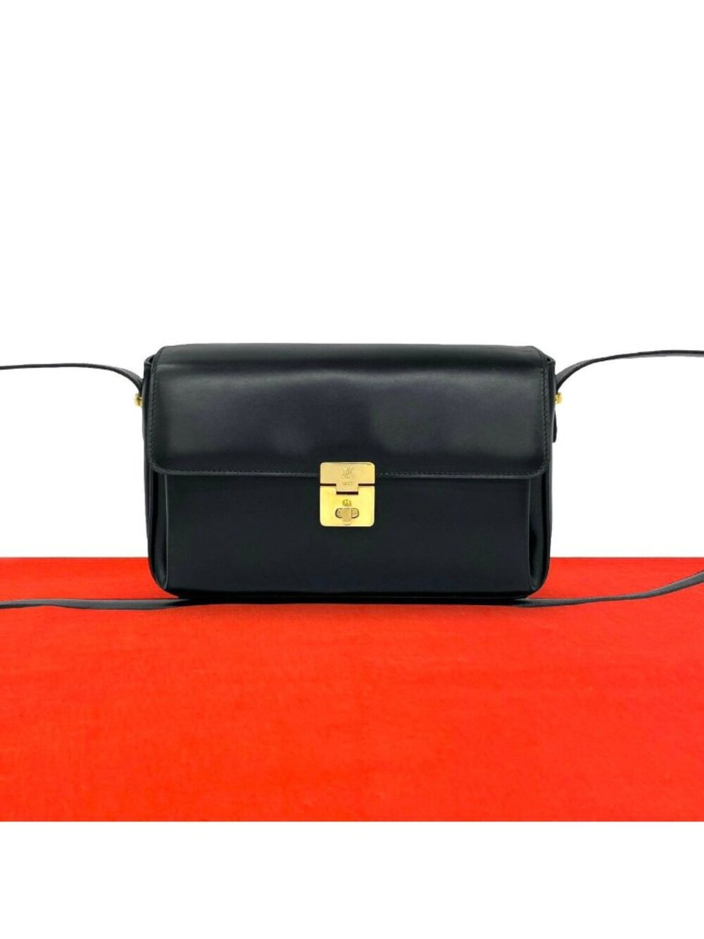 Celine Vintage Triomphe Logo Turnlock Leather Shoulder Bag Pochette Black